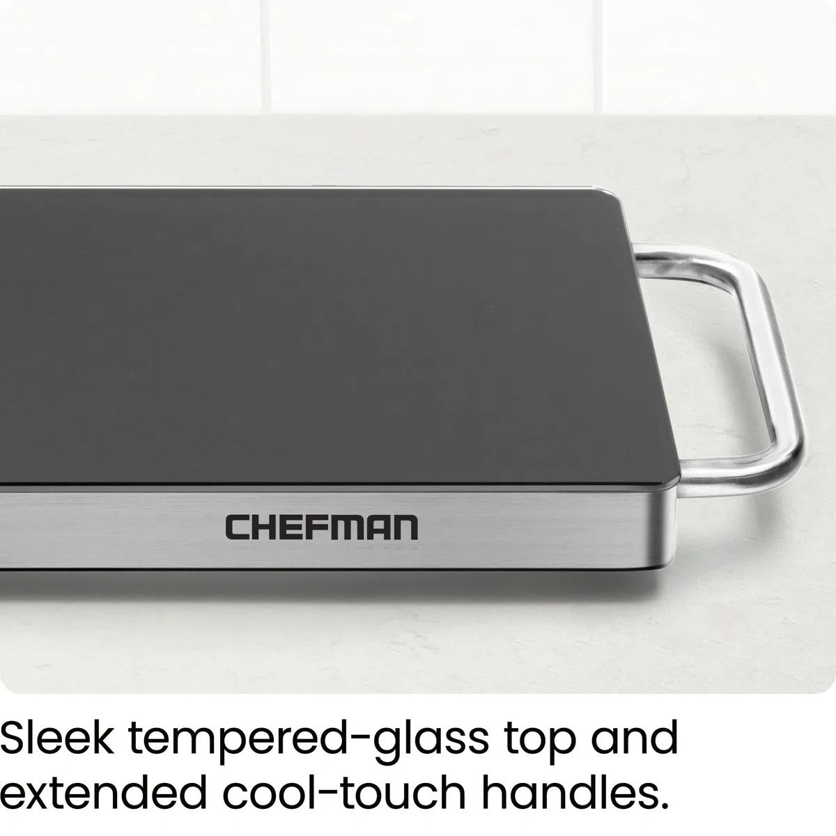 Chefman Lange elektrische Warmhalteplatte Heizelement, Essen für Partys zubereiten, Edelstahlrahmen & Oberfläche aus gehärtetem Glas, Buffet zu Hause, für Tabletts & Geschirr, Cool-Touch-Griffe,