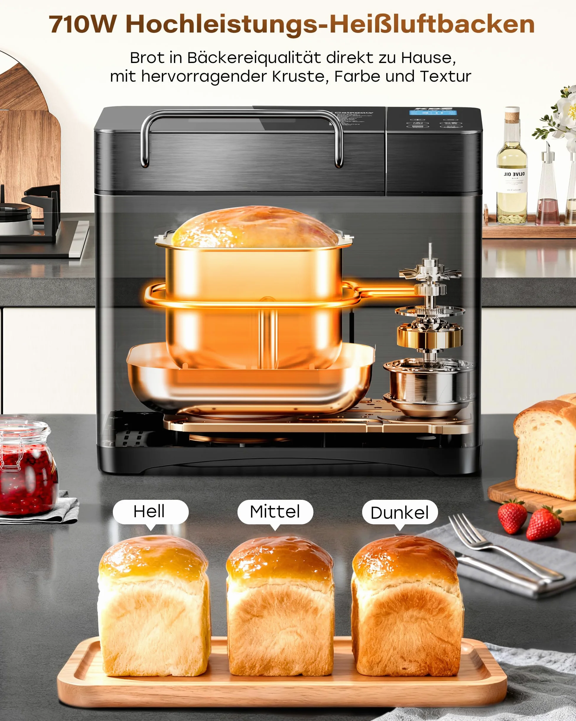 Pro 17-in-1 Vollautomatische Edelstahl Brotbackautomat mit Gesundem Keramik-Brotpfanne, 710W Konvektions-Brotmaschine, 1kg-Kapazität, Automatischem Nuss-Dispenser, Intelligentes Touchpanel