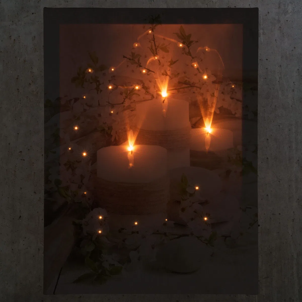 Nexos Trading LED Wandbild Leinwandbild mit Beleuchtung Timer Fotodruck Kerzen Arrangement 30x40 cm Kunstdruck Leuchtbild 3 warmweiße Flacker Effekt LED Wellness 30 Glasfaser