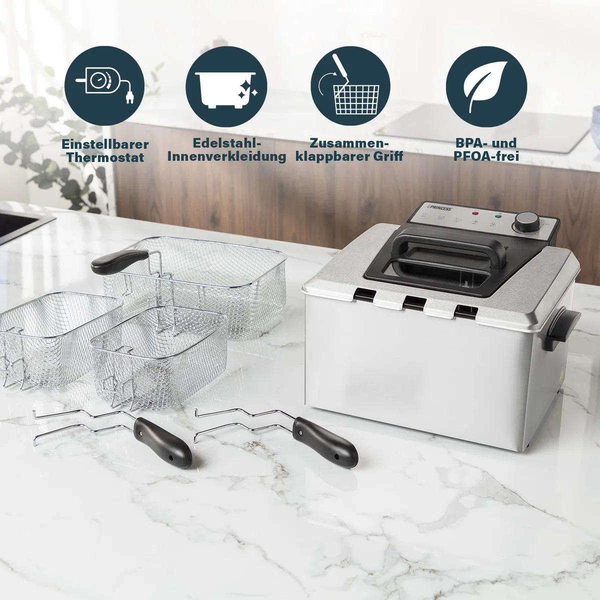 Princess Fritteuse – 3270 Watt, 5 Liter, Thermostat, 3 Frittierkörbe, Kaltzone, 6-7 Personen, 185000, Grau, Metall