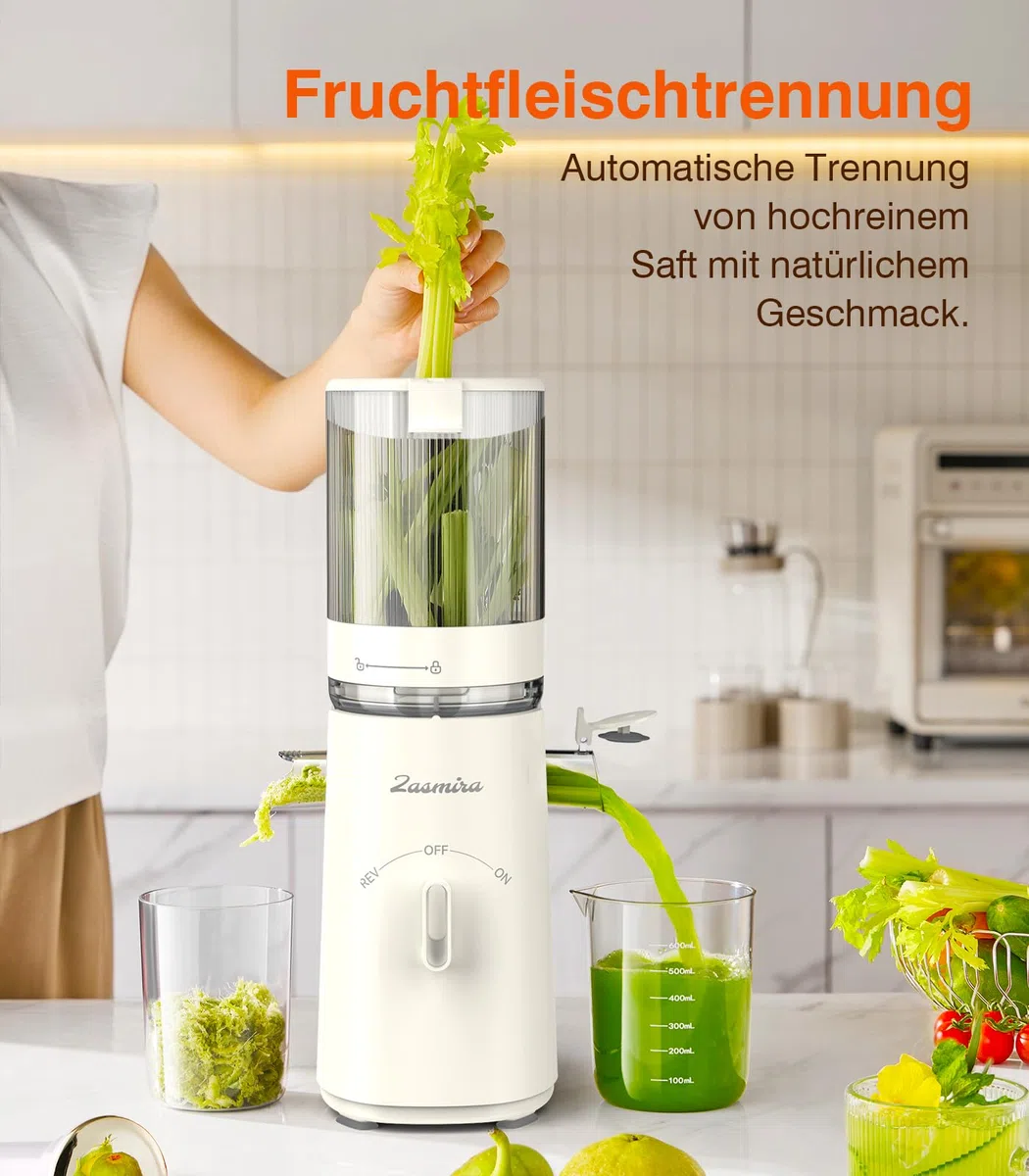 Zasmira Entsafter Slow Juicer mit hohem Drehmoment und 120MM-Einfüllschacht, Kein Vorschneiden entsafter für gemüse und obst, 99,6% Saftreinheit, 1,5L, REV-Modus, einfacher zu reinigen, Reinweiß