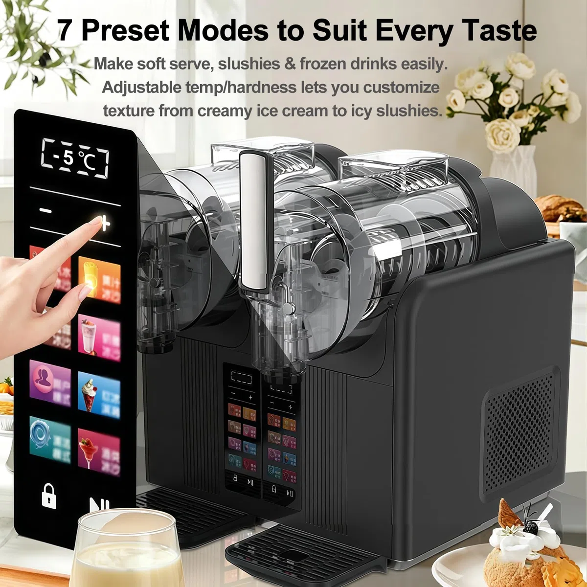 Slush Eis Maschine & Eismaschine 2-in-1, Zwei Tanks, Schwarz | 7 Voreingestellte Programme, Für Margaritas, Frappés, Milchshakes, Selbstreinigung, Privater und Gewerblicher Gebrauch
