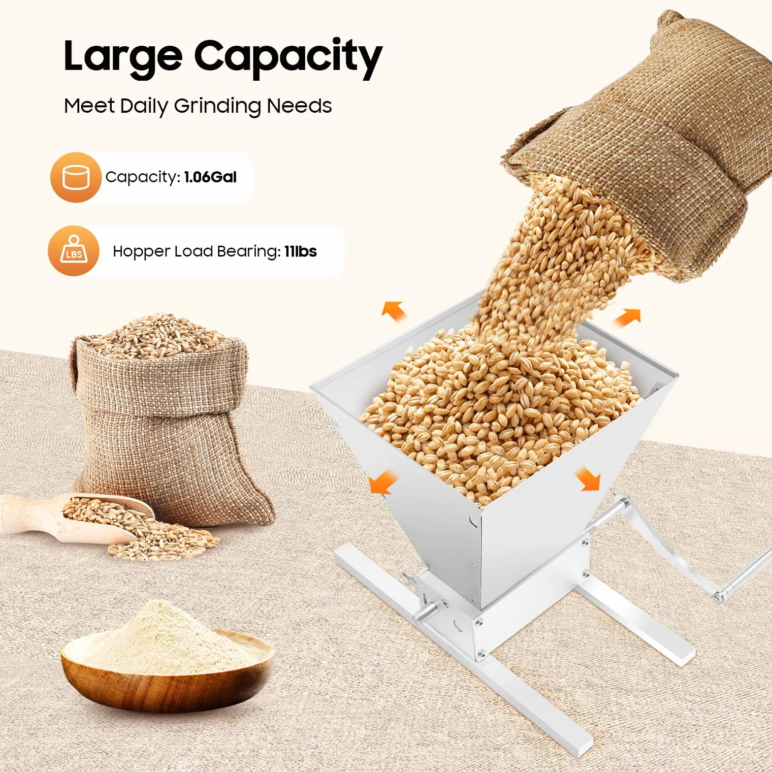 4L Manuelle Getreidemühle mit Verstellbaren Walzen (0-2,5mm) - Flockenquetsche & Schrotmühle für Hafer/Weizen, 2 Alu-Streben & Bohrmaschinenanschluss