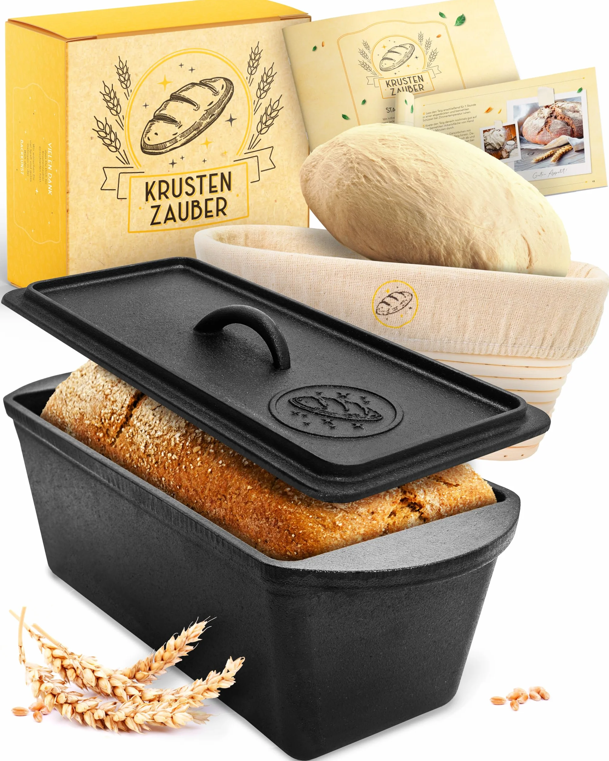 KRUSTENZAUBER Brotbackform mit Deckel inkl. Gärkorb - Robuste 28cm Backform aus Gusseisen - Ideal als Kastenform, Toastbrot Backform, Brotform, Gusseisen Topf Brot backen Zubehör, Brottopf