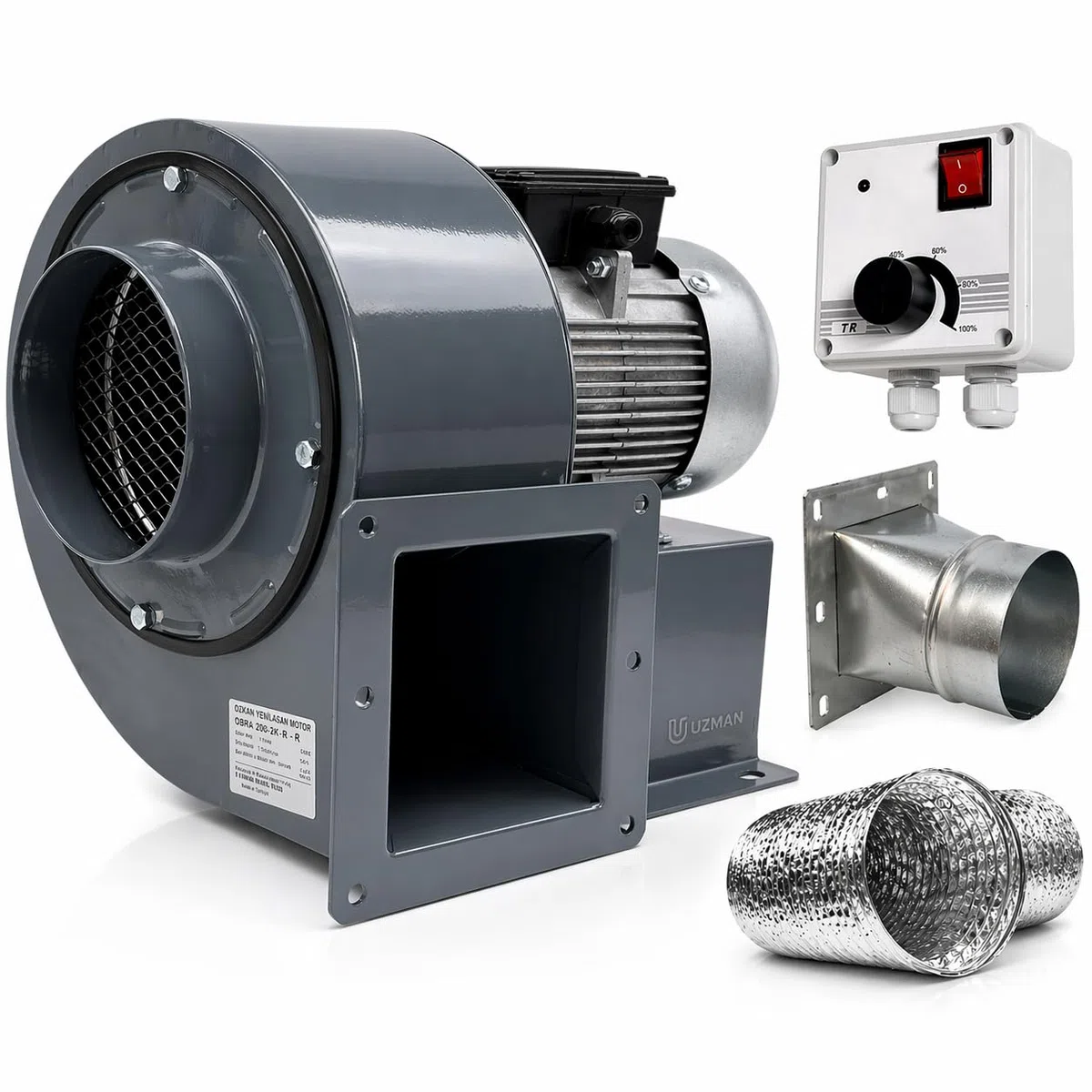 UZMAN OB200M Radialgebläse + Drehzahlregler + Flansch + 10 Meter Alu-Flexrohr | 1800 m³/h Industrie Radiallüfter | Saugventilator 230V für Werkstatt, Absaugung und Lüftungssysteme
