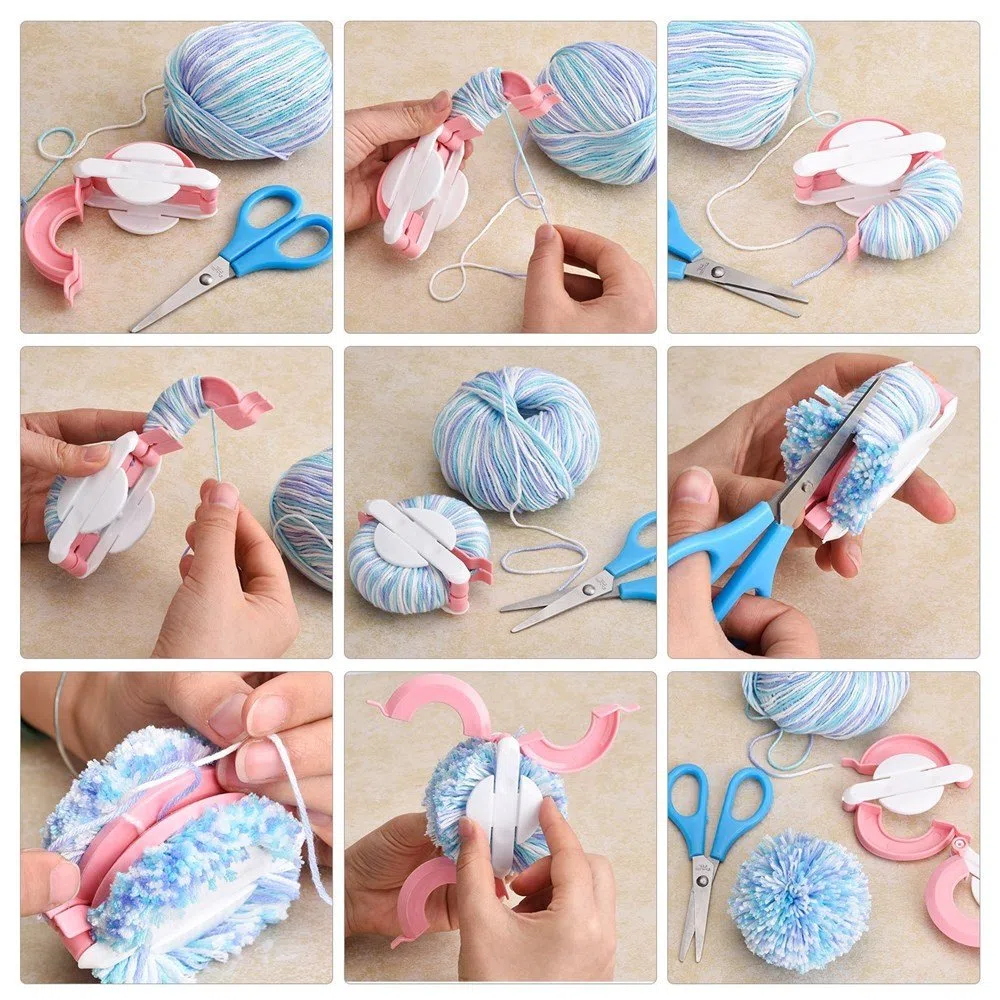 Pompom Maker, 4 Größen Pom Pom Maker für Fluff Ball Weaver Needle Craft DIY Wollstrickwerkzeug Set Dekoration + 12PS Acrylgarn + 10PS Strickstichmarker + 10PS Plastiknadeln + 1PS Schere (37a)