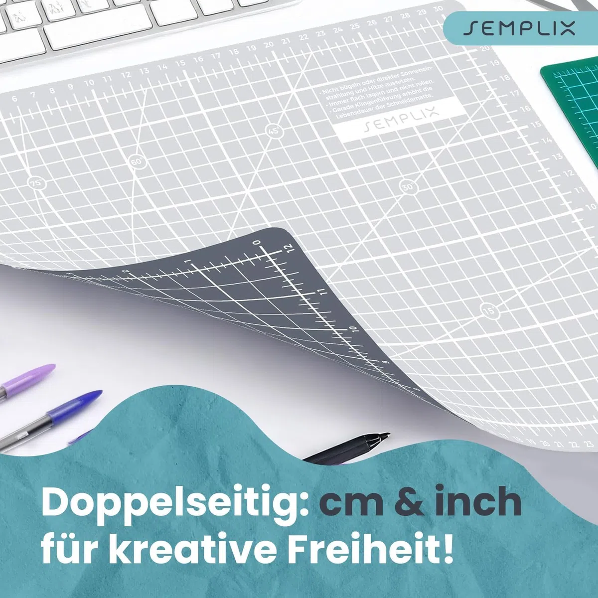 SEMPLIX Selbstheilende Schneidematte A0-A4 - Grün, Rosa, Grau, Türkis, Lila - Ideal fürs Basteln, Nähen & Patchworken - Beidseitig Bedruckt - Vorderseite cm Rückseite inch Bemaßung (Hellgrau-Grau, A0)