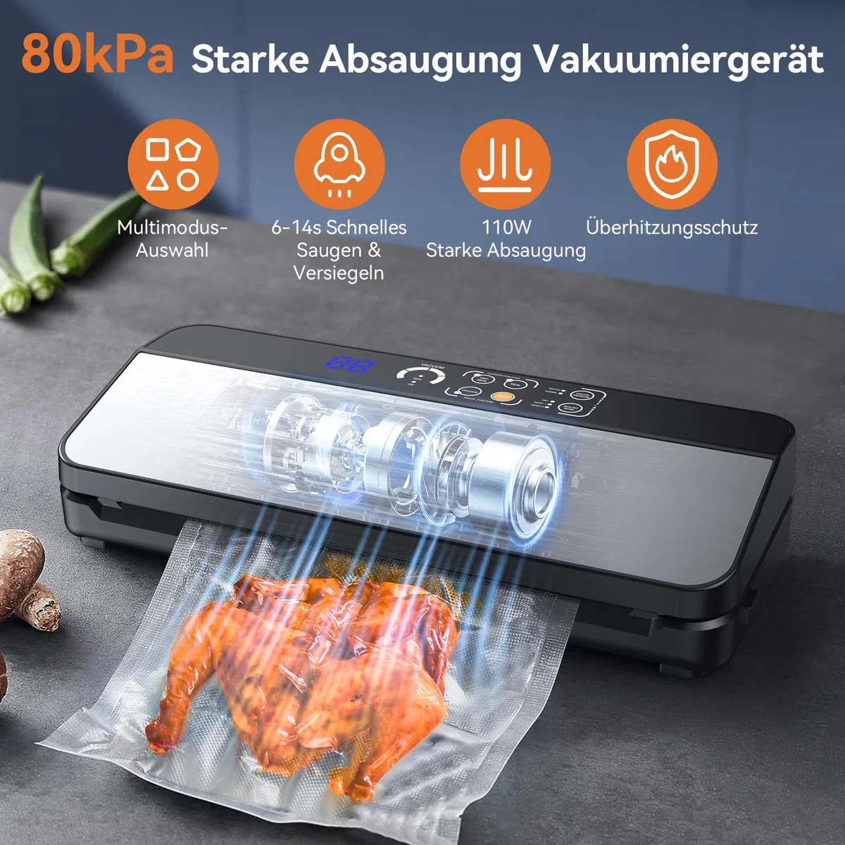 Vakuumiergerät 8-in-1 80 KPA Lebensmittel Trocken-/Feuchtmodus mit Cutter und Beutelaufbewahrung