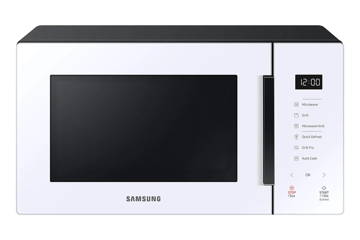 SAMSUNG MG23T5018CW Mikrowelle mit Grill, 23 l, 800 W, Keramik, Emaille, Grill Fry und Standby Eco, Weiß