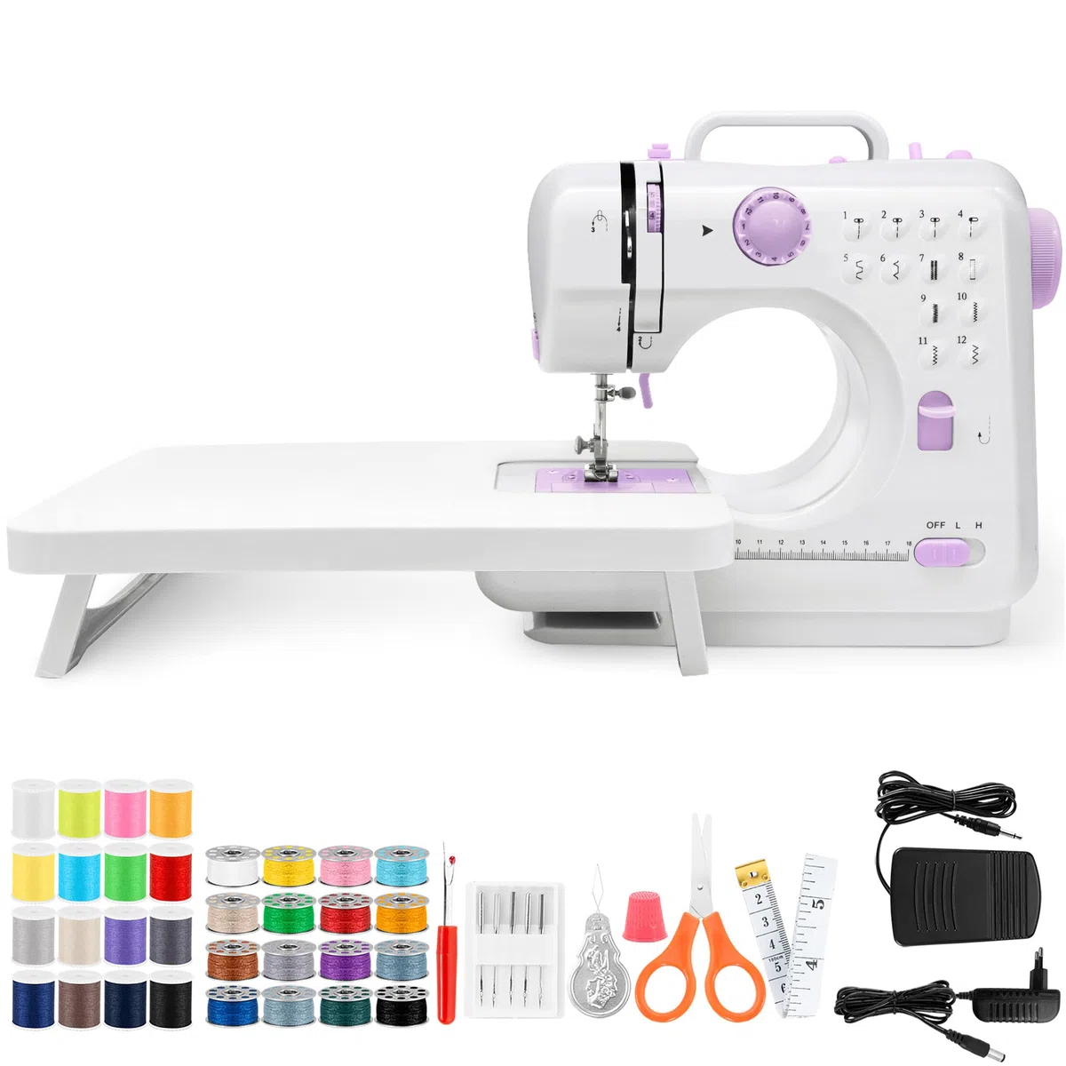 Nähmaschine mit Anschiebetisch, Mini-Nähmaschine, tragbare elektrische Nähmaschine, 12-Stiche-Nähmaschine mit LED-Licht, Nähzubehör-Set, ideal für Kleidung, Kissenbezüge, Bettlaken