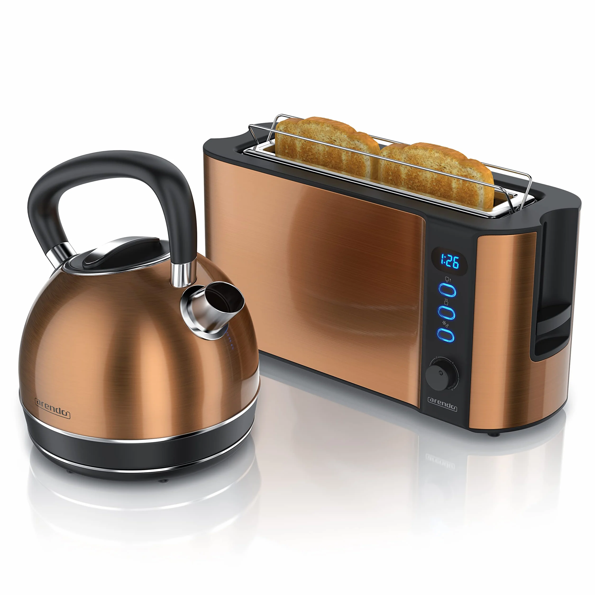 Arendo Wasserkocher Toaster SET Kupferoptik 2200W 1,7L 2 Scheiben Langschlitztoaster