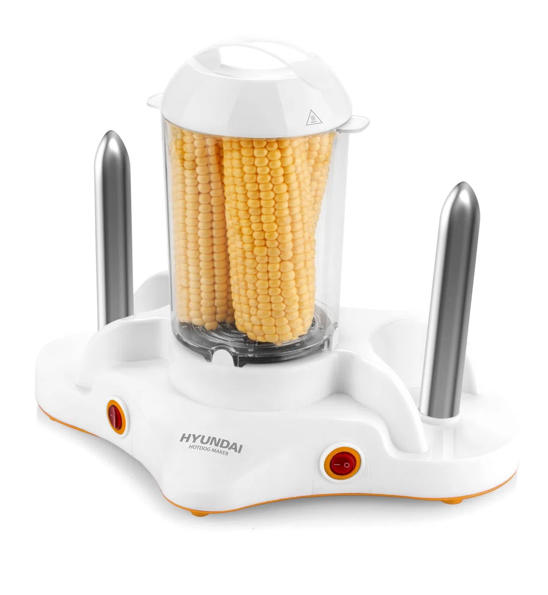 HYUNDAI Hot-Dog-Maker HDM 120 I 1-12 Würstchen I 1-6 Eier I Maiskolben kompatibel I 2 Ständer zum erhitzen von Brötchen I Kleiner Helfer für Wiener, Eier und Mais