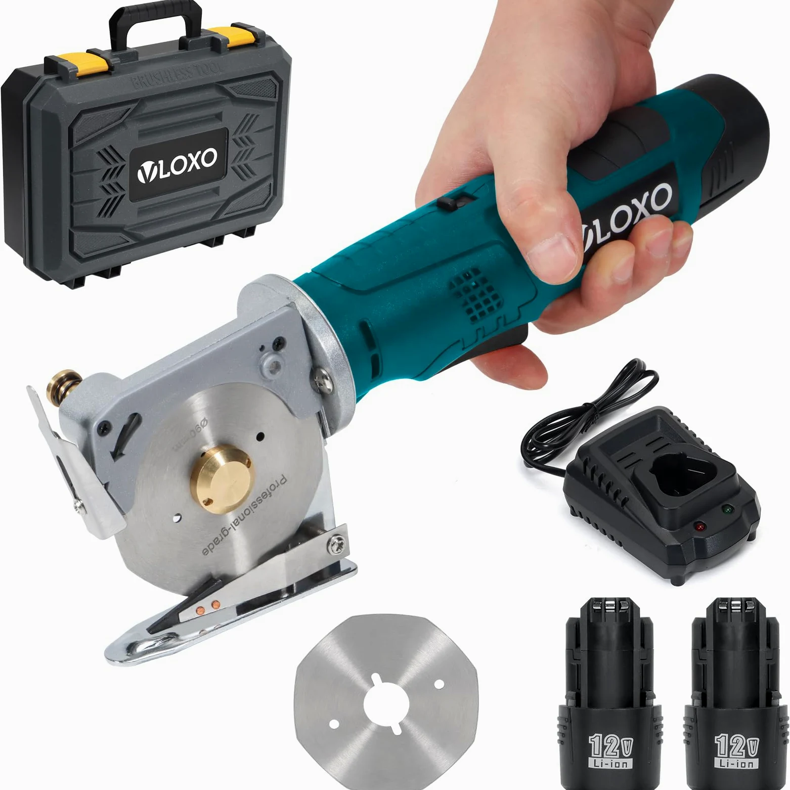 VLOXO Tragbarer Elektrischer Stoffschneider Kabellos Industrielle Akku-Rundschere 90 mm Klingengröße 33 mm Max. Schnittdicke Rotationsschneider für Tuch Stoff Teppich