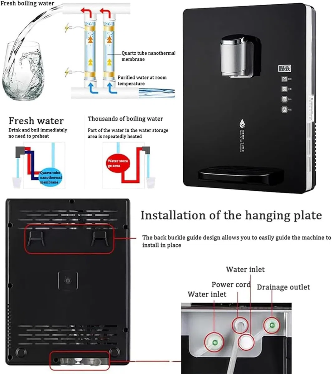 An der Wand montierter, netzgespeister Wasserspender, intelligenter Trinkwasserspender mit doppelter Temperaturregelung, 30 l/h Haushaltswasserkessel, drei Sekunden schnelles Aufheizen(Black)