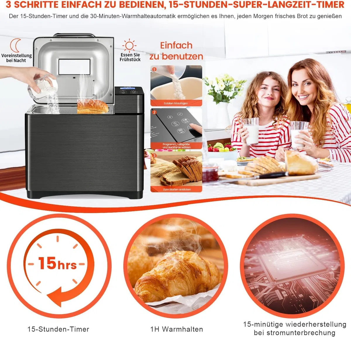 2LB Brotbackautomat, 17-in-1 Quarz Schnellheizer Brotbackautomaten Edelstahl with 2 Paddles, Auto Nut Dispenser, Brotbackmaschine with Keramik-Pfannen, Glutenfrei, 3 Brotgrößen & 3 Backfarben