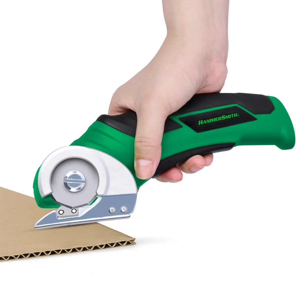 Hammersmith SharpSpin - Elektrische Schere kabellos - Kartonschneider, Akku Schere für Karton, Stoff, Leder, Teppich, PVC & Kunststoff - selbstschärfende Klinge - präzise Schneiden ohne Kraftaufwand