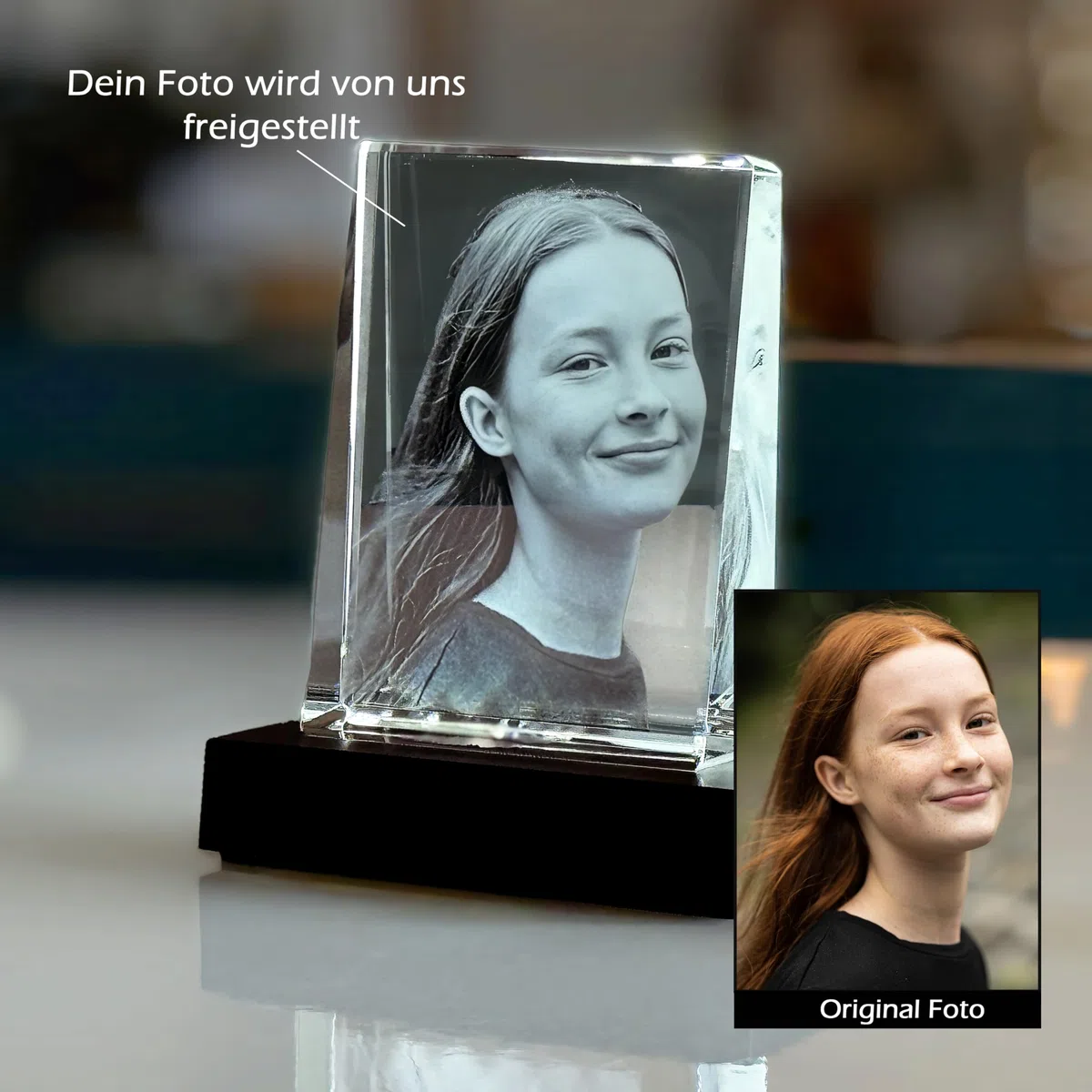 contento - 2D Glasfoto personalisiert - Foto in Glas gelasert, Kristallfoto mit LED Leuchtsockel, Geschenk für Familie, Geburtstag, Hochzeit (Kristall + Leuchtsockel, M Hochformat (10,5x8x3cm))