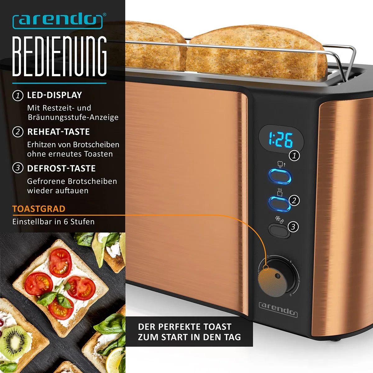 Arendo Wasserkocher Toaster SET Kupferoptik 2200W 1,7L 2 Scheiben Langschlitztoaster