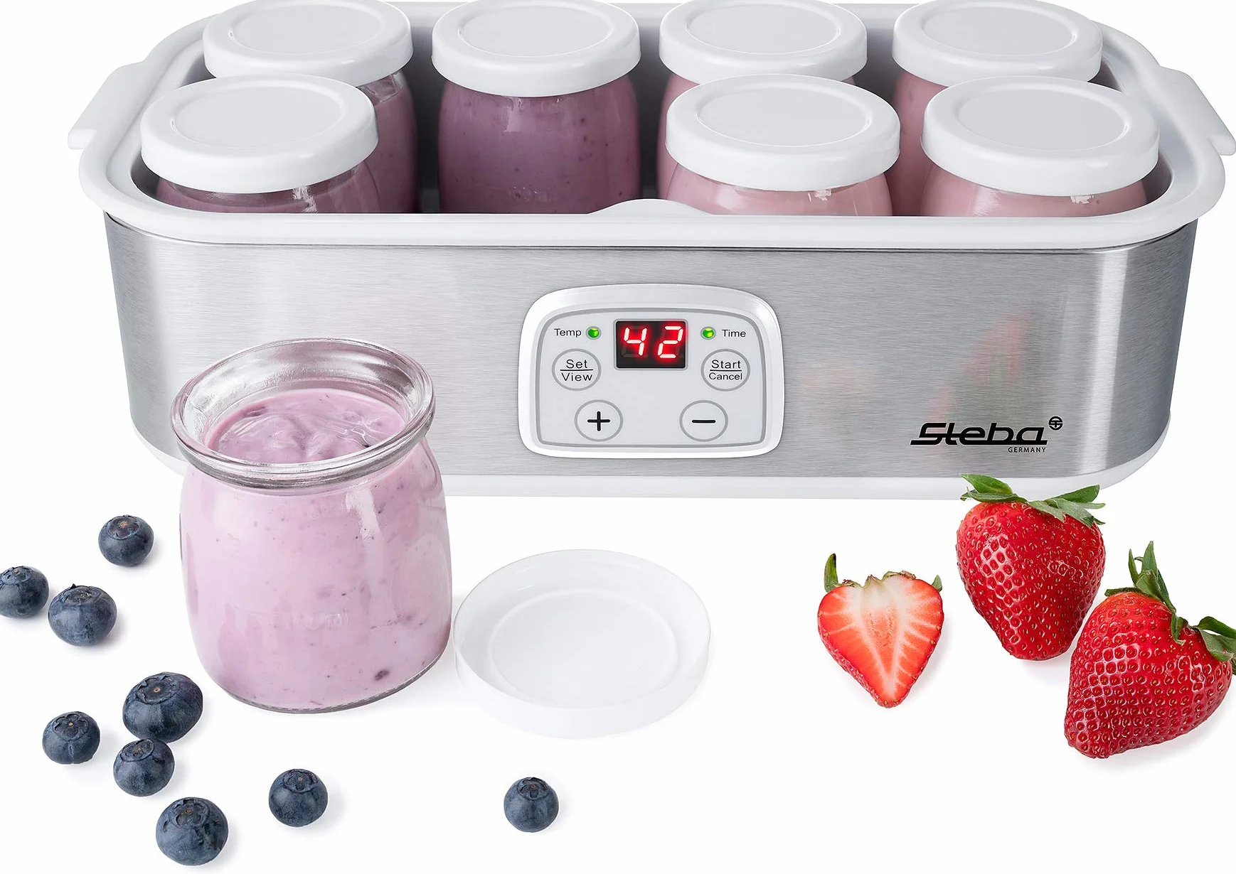 Steba JM 3 Joghurt-Maker, 8 Glas-Joghurtbecher à 180 ml | 1,4 Liter Gesamtvolumen, Temperatur einstellbar 20-55 °C, Mit Deckel, Für selbst hergestellten Joghurt