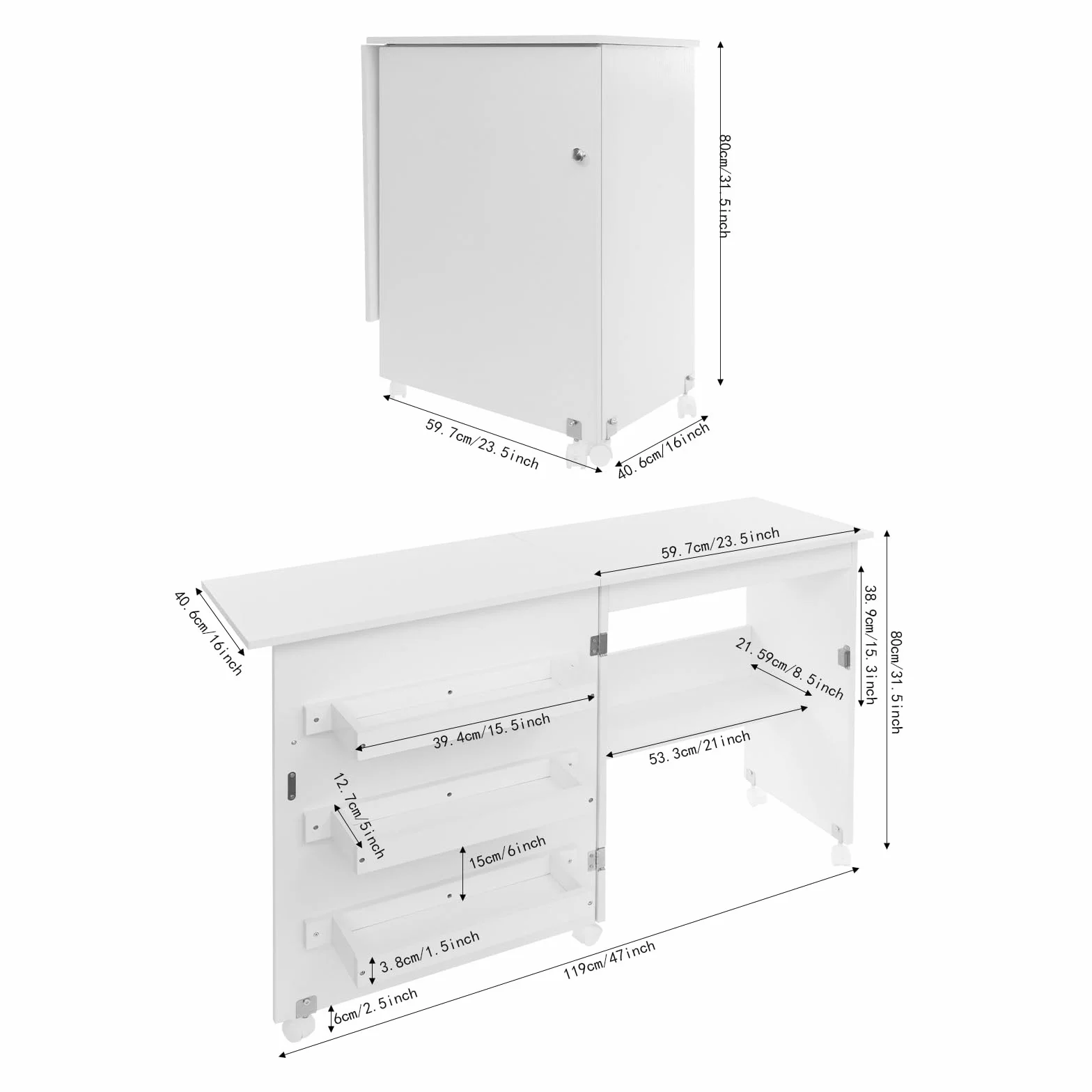 2in1 Klappbarer Nähmaschinentisch, Rollbarer Nähtisch, Nähschrank Schreibtisch, Faltbar Nähmaschinenschrank, Mehrzwecktisch mit 5 Rollen, für Studien und Workshops