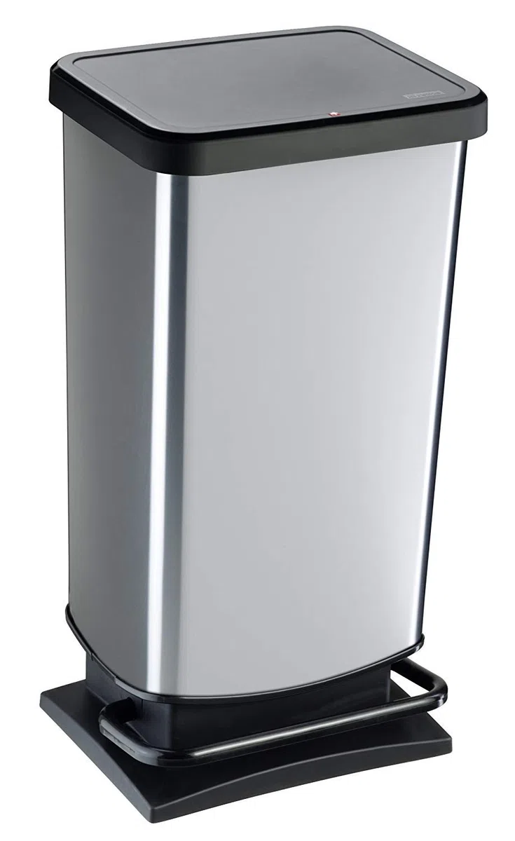 Rotho Paso Mülleimer mit Deckel 40l | Tretmülleimer in Edelstahloptik für Küche, Bad, Werkstatt | mit Soft-Close-Deckel für leises Schließen | breites Pedal | leicht zu reinigen | silber metallic