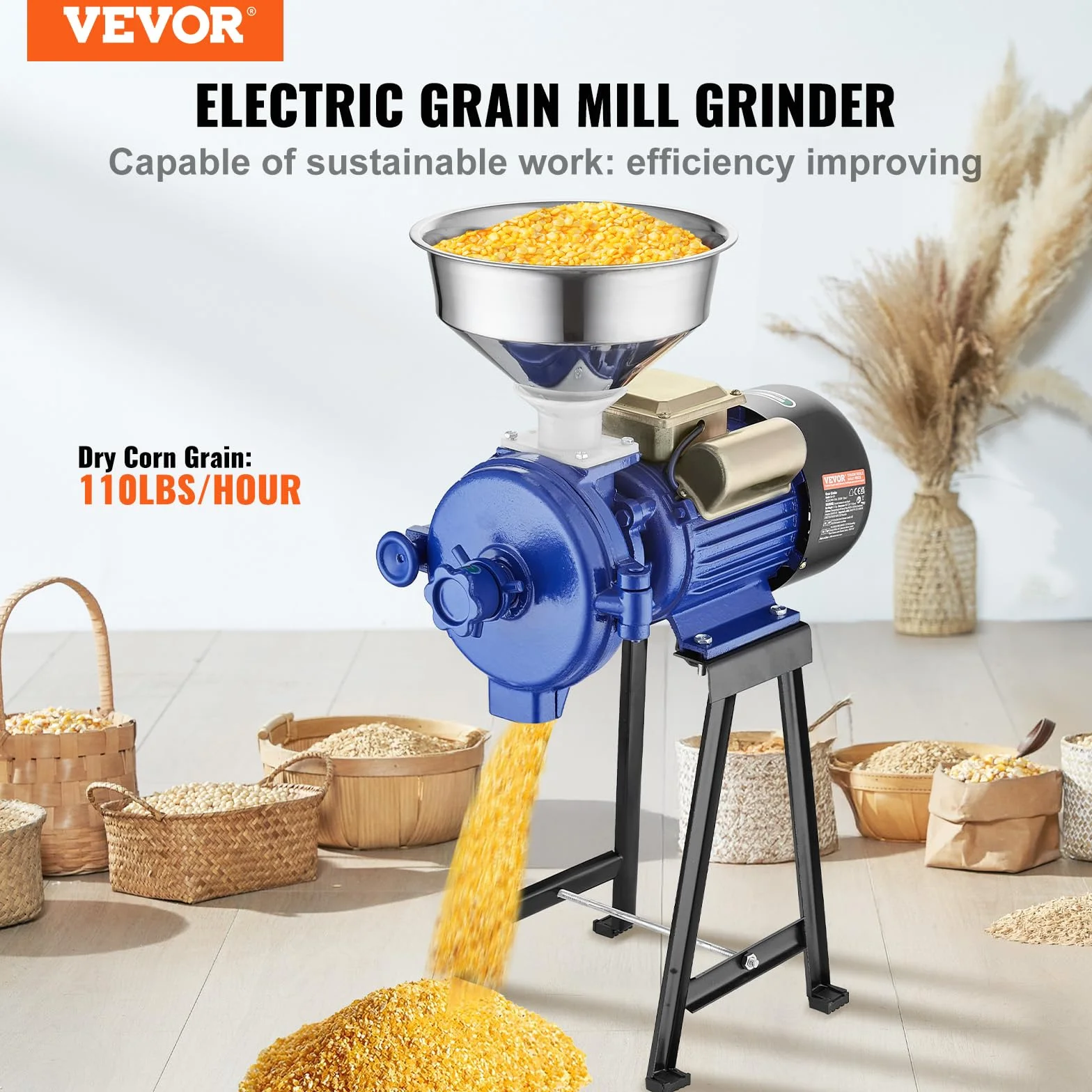 VEVOR elektrische Getreidemühle Gewürzmühlen 3 kW, kommerzielle Maismühle mit Trichter, Pulvermaschine mit einstellbarer Stärke, Hochleistungs-Futtermehl-Müslimühle, Weizenmühle, Trockenmühle
