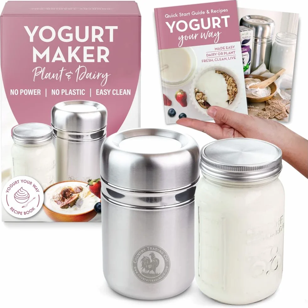 Joghurtbereiter aus Edelstahl mit 1 Quart Glas und komplettem Rezeptbuch für 12+ einfache hausgemachte milchfreie und Milchjoghurts