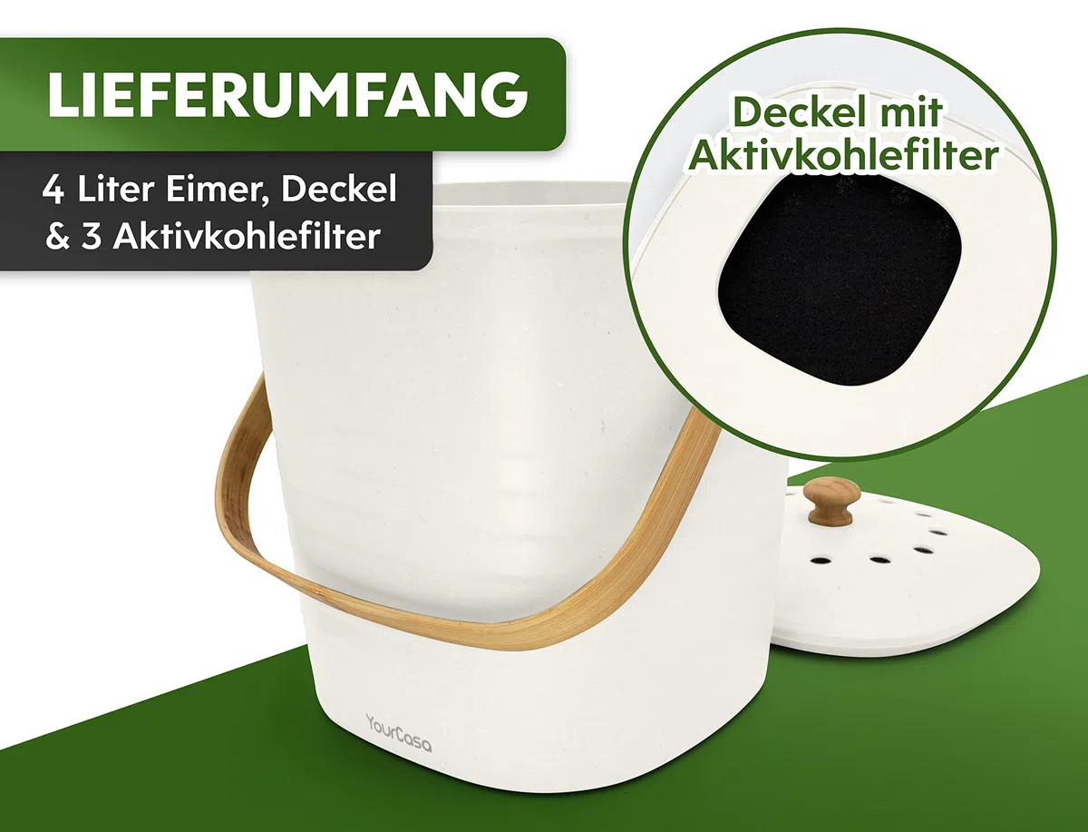 YourCasa Biomülleimer Küche klein 4L geruchsdicht für Biomüll - Komposteimer mit Aktivkohlefilter - nachhaltiger Bio Mülleimer mit Deckel Abfalleimer Behälter Bioabfallbehälter Biotonne (4L Weiss)