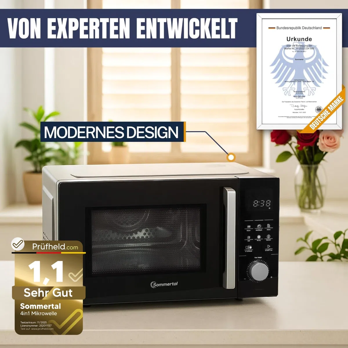 Sommertal 4in1 Mikrowelle 25L – Grill, Heißluft-Fritteuse, Konvektion, 2200W, 8 Programme, Touch-Display, 60 Min Timer, Schwarz, Kindersicherung, Express-Start – inkl. Rost & Crisp-Pfanne