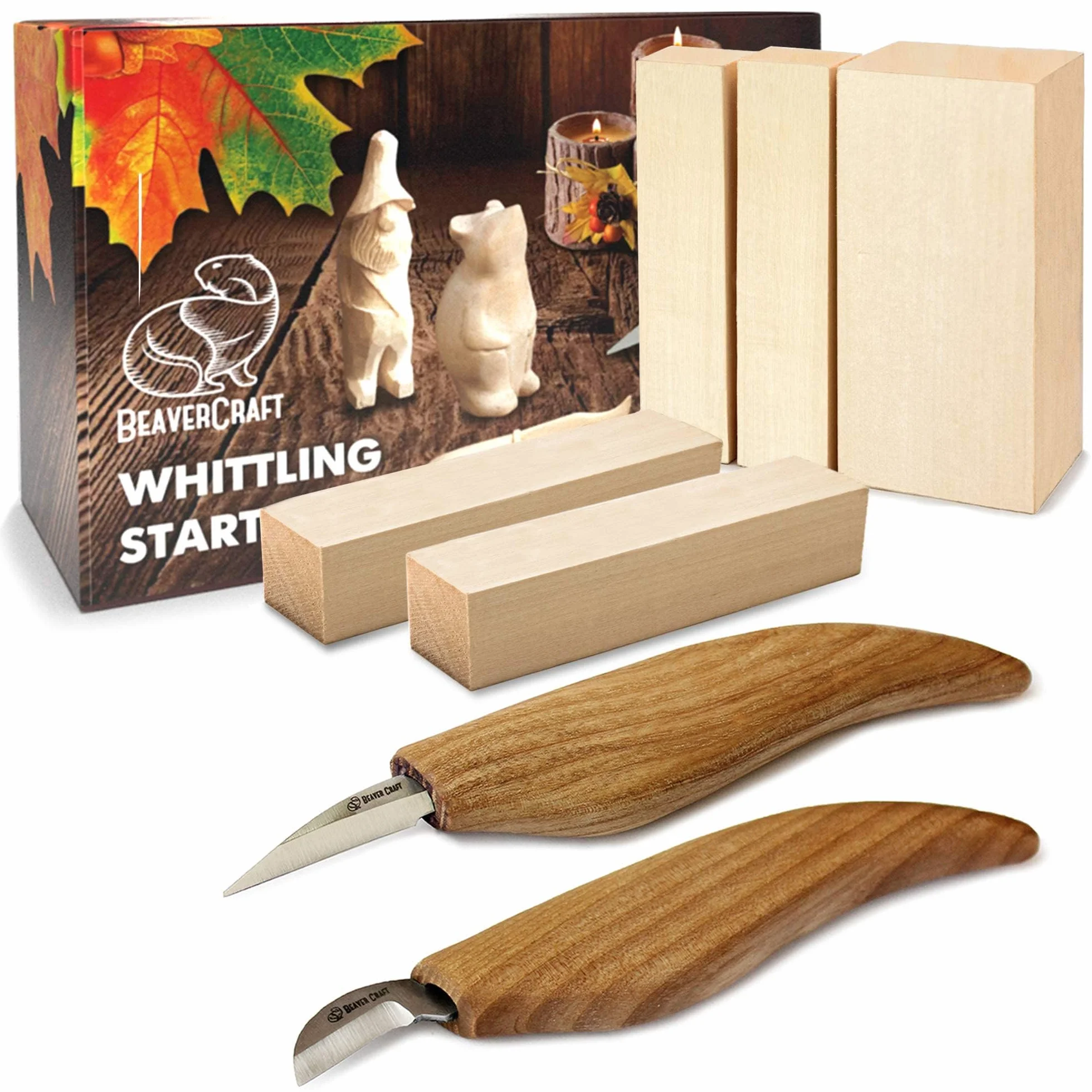BeaverCraft Holzschnitzset für Kinder & Erwachsene - Holz Schnitzwerkzeug S16 mit Schnitzmessern Linde Holz-Blöcken zum Schnitzen, Hobby Schnitzmesserkit - Schnitzmesserset für Anfänger