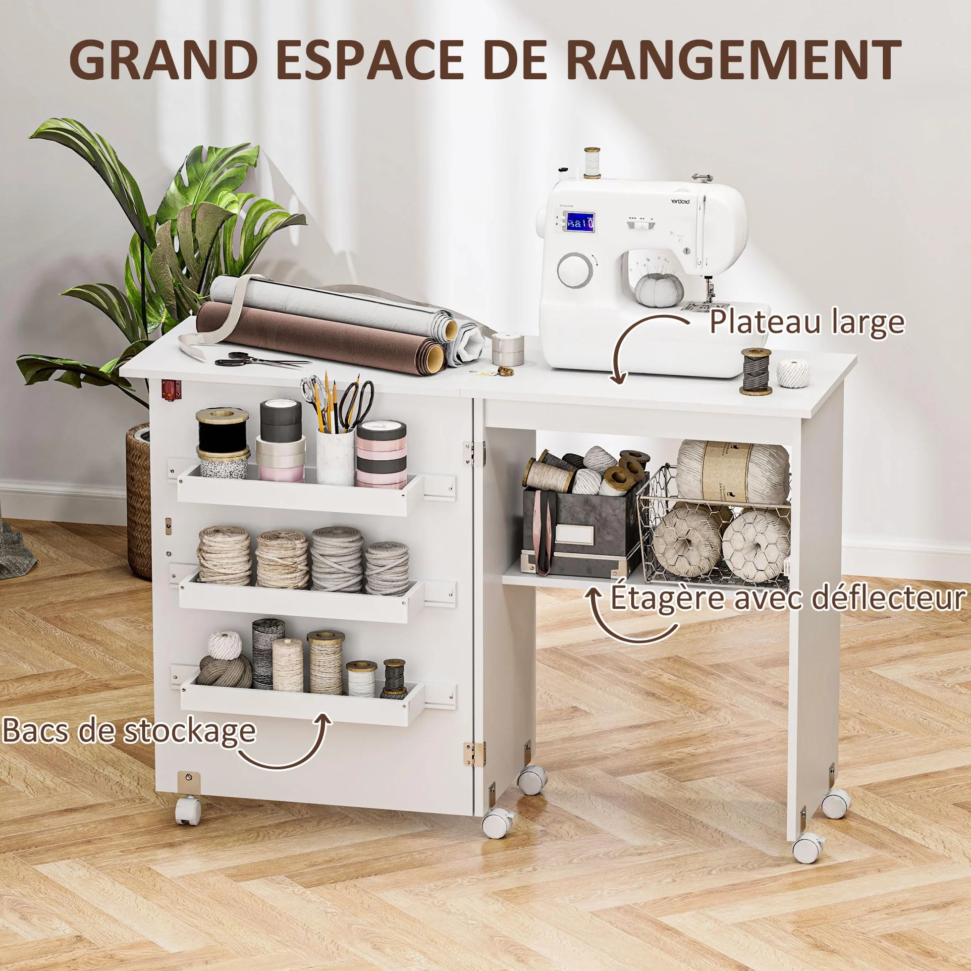 HOMCOM Nähtisch klappbar Nähmöbel mit Klappe mit Ablagefächern, offenem Regal und Rollen, Nähmaschinenmöbel, für Wohnzimmer, Büro, Studio, ABM. 118 x 40 x 79,5 cm, weiß