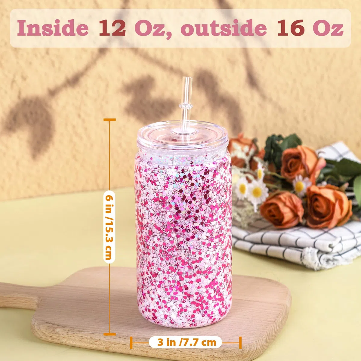Cosictic 8 Stück Mehrweg Kunststoff-Schneekugelbecher mit vorgebohrtem Loch. 473ml Unzen Doppelwandiger Kunststoff-Tumbler mit klarem Deckel und Trinkhalm.