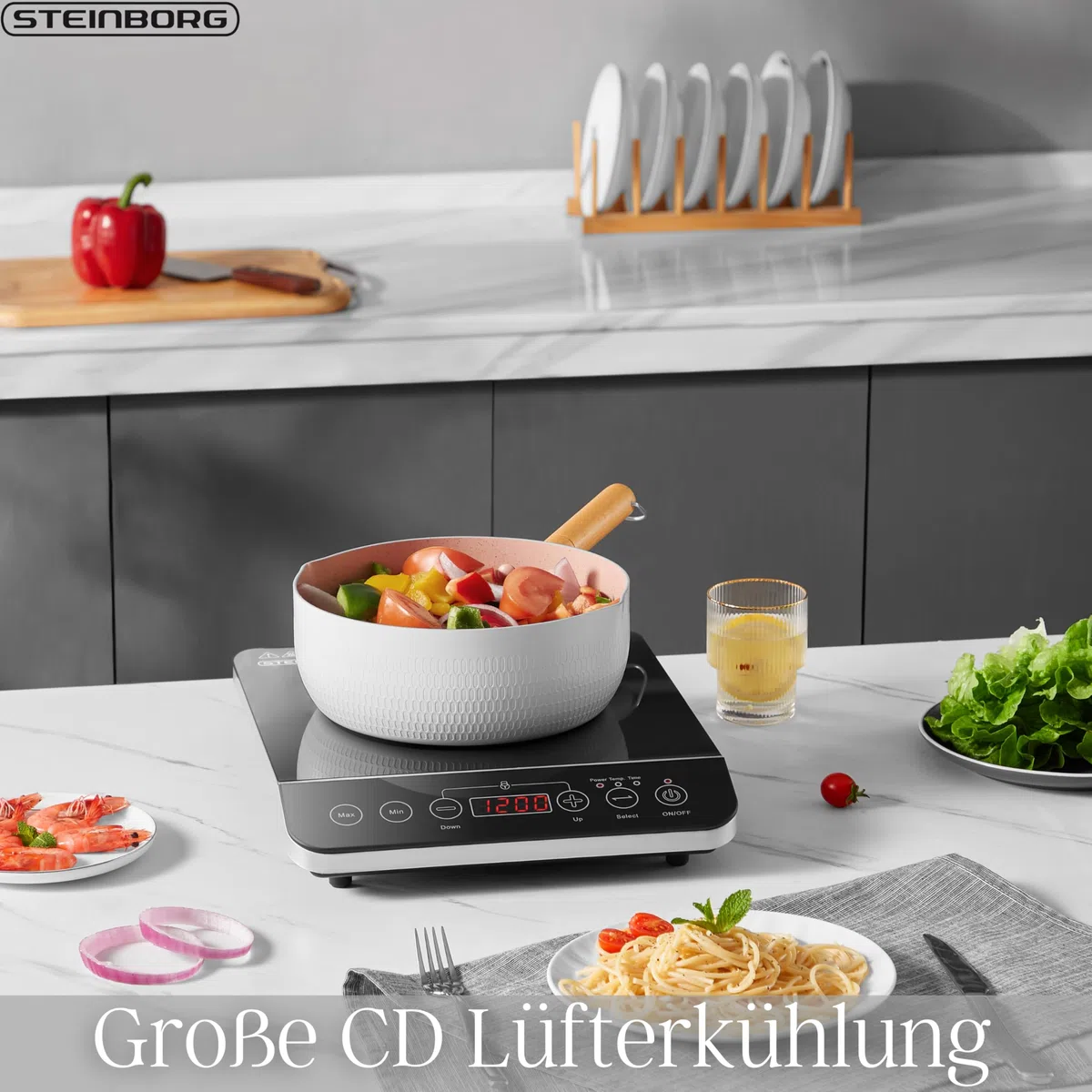 Steinborg® Induktionskochplatte Induktionskochfeld 1 Platte 2000 Watt Automatikprogramme Herdplatte Kochplatte Induktion Induktionsherd Touch Bedienfeld Kindersicherung Induktionsplatte