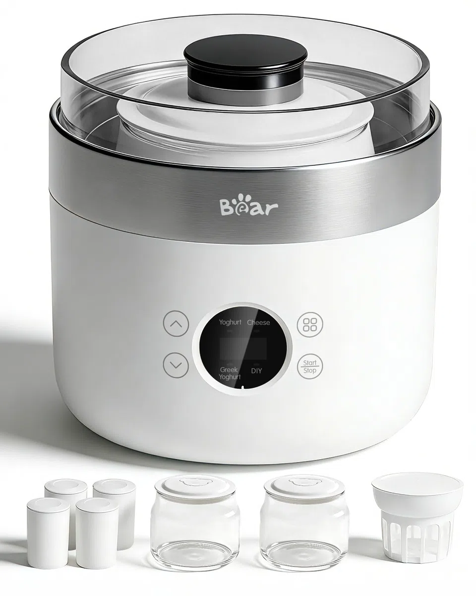 Bear Joghurtbereiter Joghurt- und Frischkäsebereiter, inkl. 4 Keramik Portionsbecher à 125 ml, 2 XXL Glasbehälter à 1 Liter, 4 voreingestellte Programme für Griechischer Joghurt, Käse