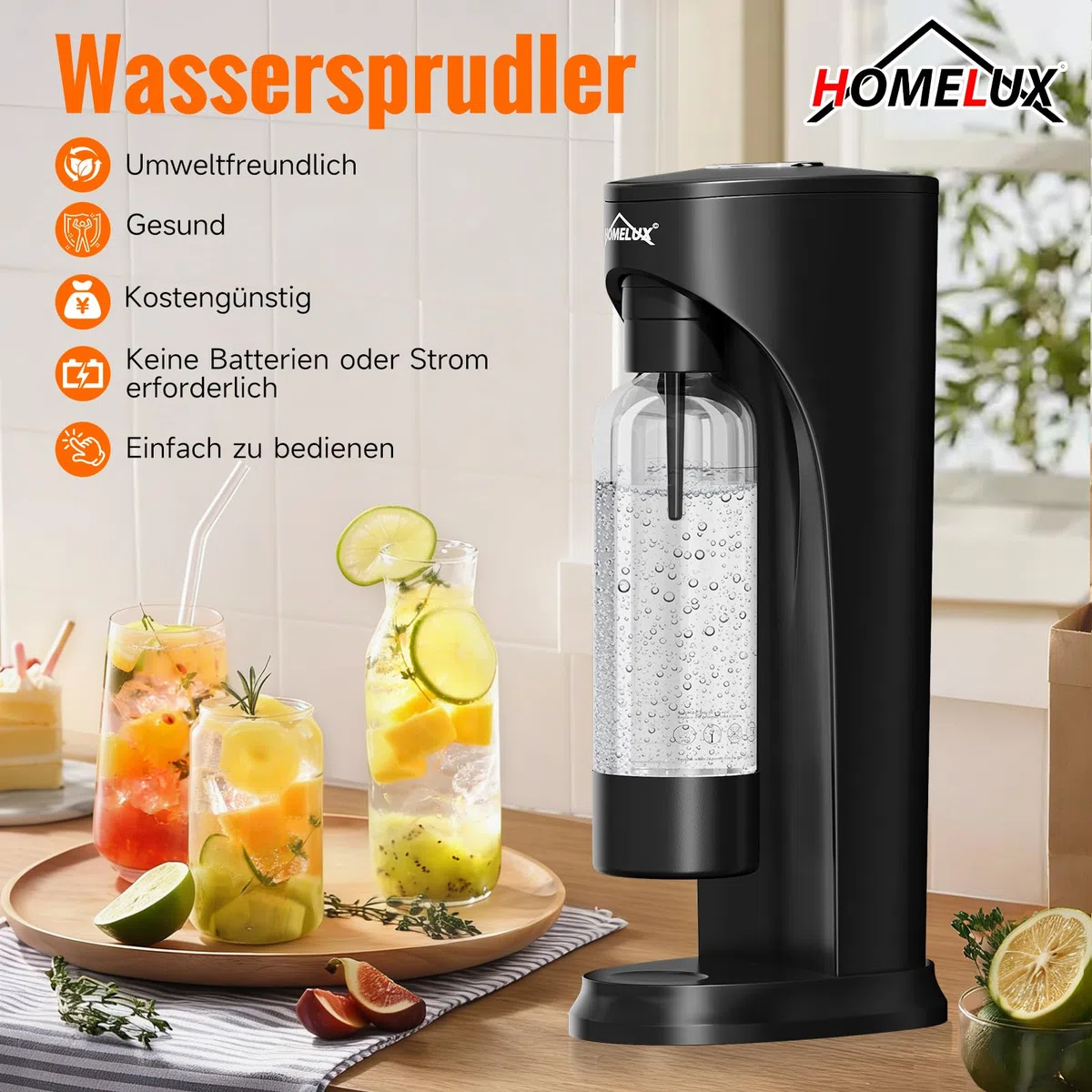 HOMELUX Wassersprudler,Sprudelwasser Maschine,Soda Maker,Wasser Sprudel GeräT,Water Carbonator (Schwarz-1)