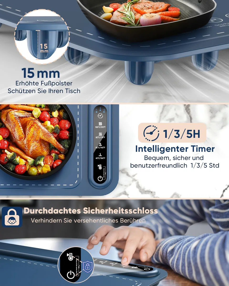 Lureshine Warmhalteplatte elektrisch mit 4 Temp.-Stufen & 1/3/5h-Timer,Rasch heizende Wärmeplatte essen,Speisenwärmer zum Aufwärmen & Auftauen