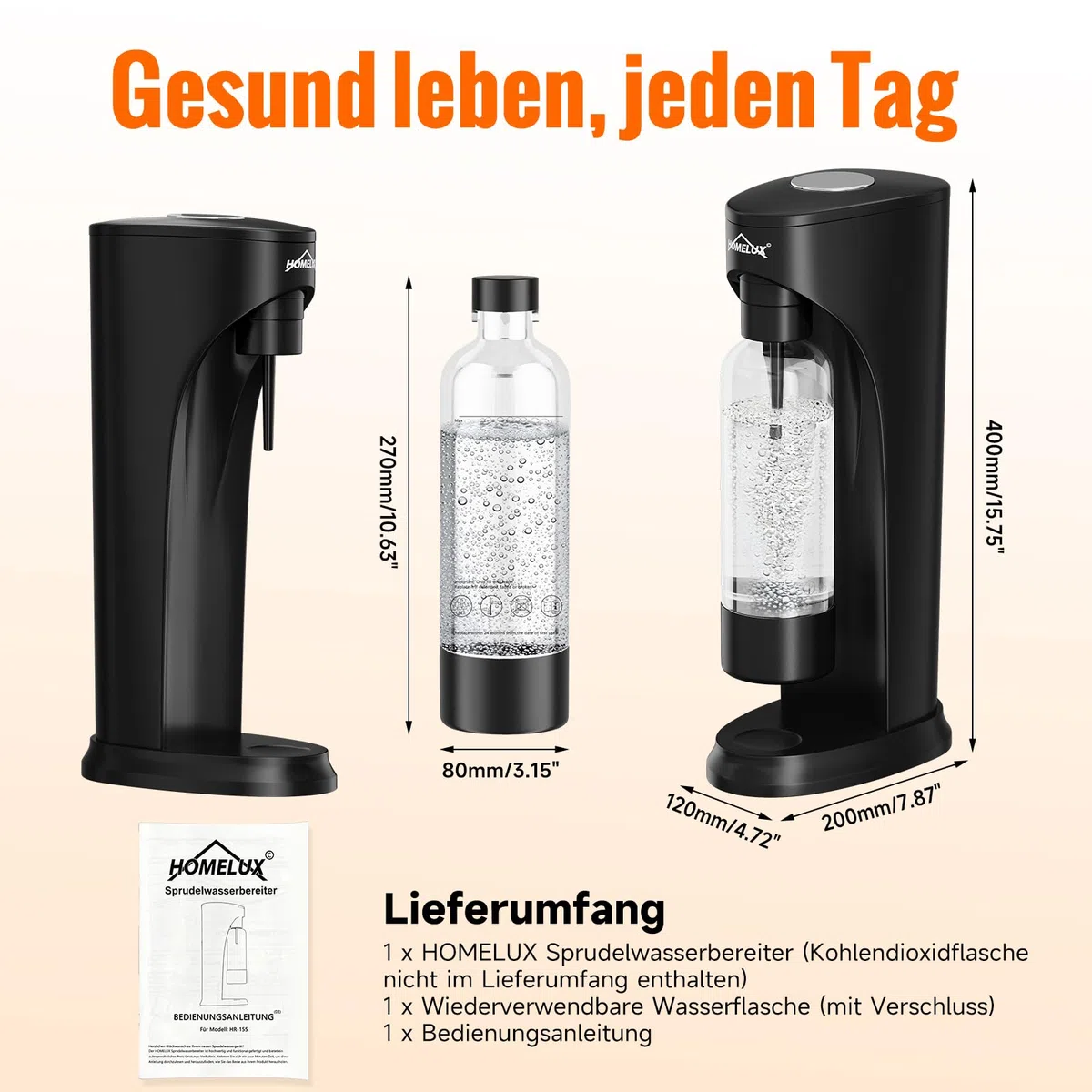 HOMELUX Wassersprudler,Sprudelwasser Maschine,Soda Maker,Wasser Sprudel GeräT,Water Carbonator (Schwarz-1)