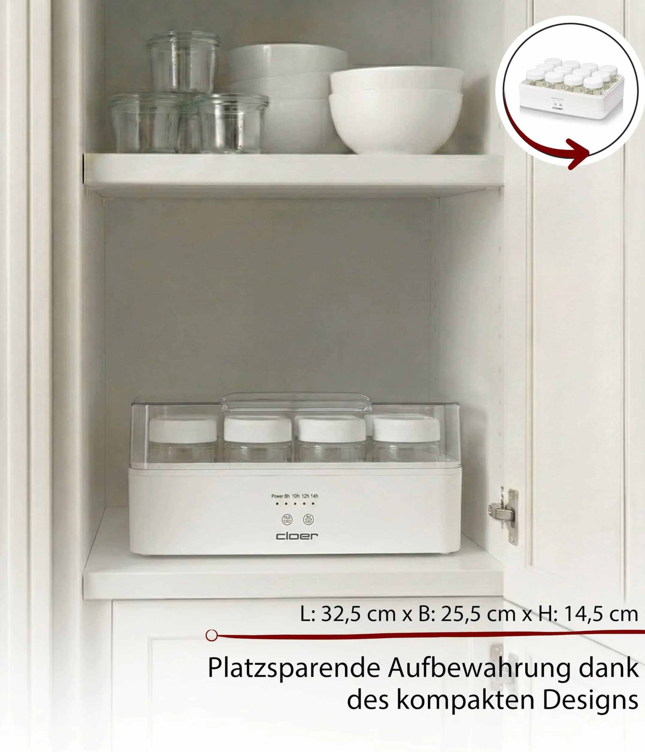 Cloer 9921 Joghurtbereiter für 12 Gläser à 150 ml, Joghurtmaschine für selbstgemachten Joghurt, Timer 8-14 h, LED-Anzeige, Signalton, Kunststoffgehäuse mit transparentem Deckel, Weiß, 17 W