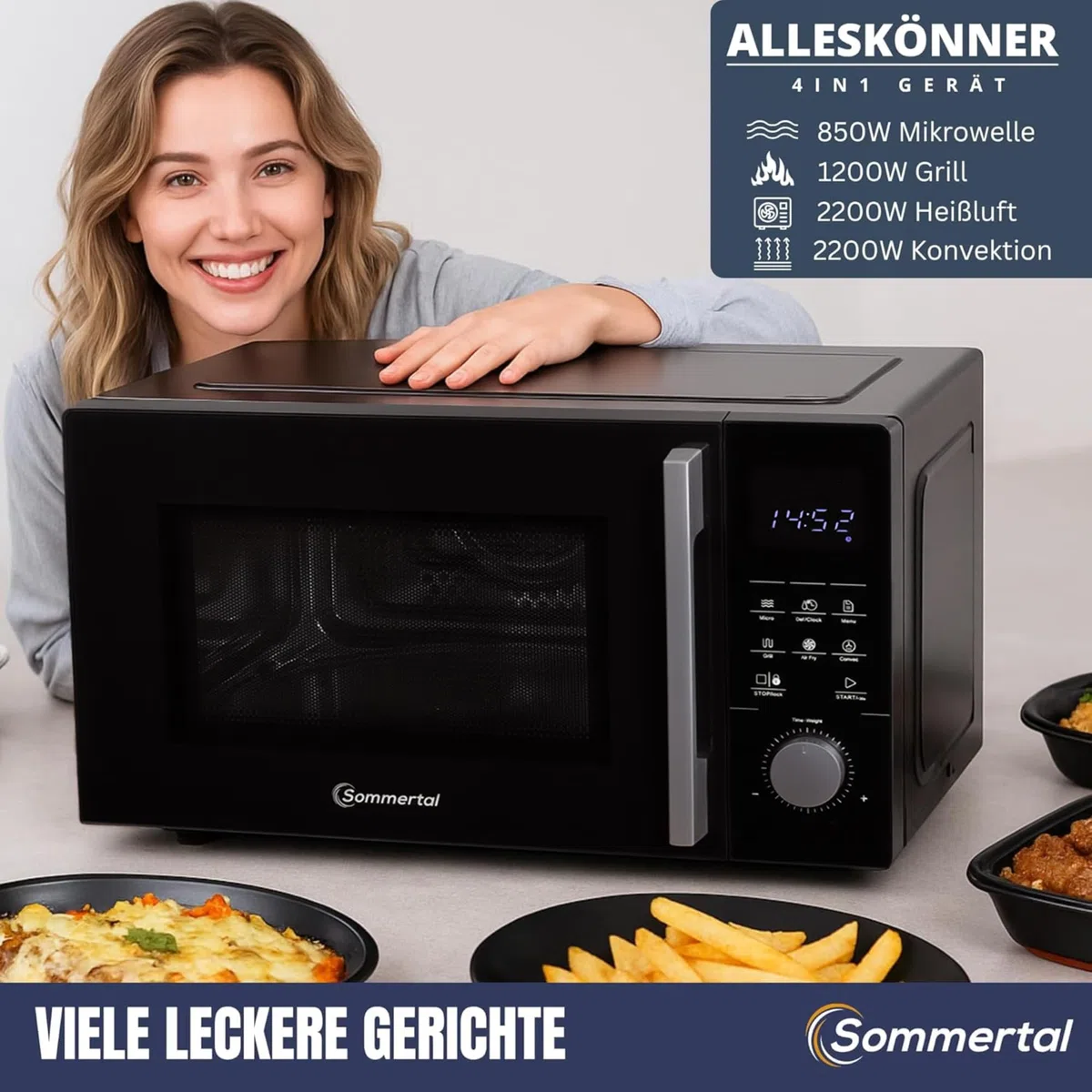 Sommertal 4in1 Mikrowelle 25L – Grill, Heißluft-Fritteuse, Konvektion, 2200W, 8 Programme, Touch-Display, 60 Min Timer, Schwarz, Kindersicherung, Express-Start – inkl. Rost & Crisp-Pfanne