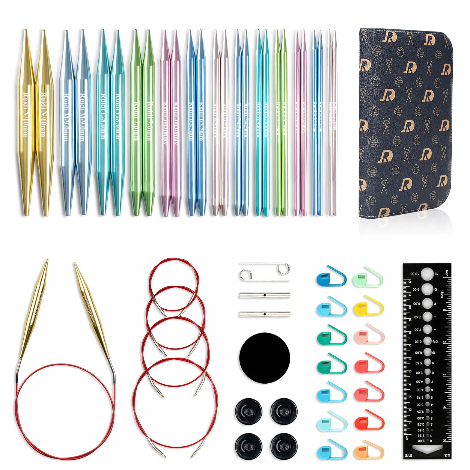 RUIDI Rundstricknadeln Set Austauschbar, 13 Paare mit Etui & Zubehör | Größen 2,75-10 mm, 10 cm glatte Aluminium-Nadelspitzen, 4 flexible Kabel ohne Memory-Effekt für vielseitige Strickprojekte