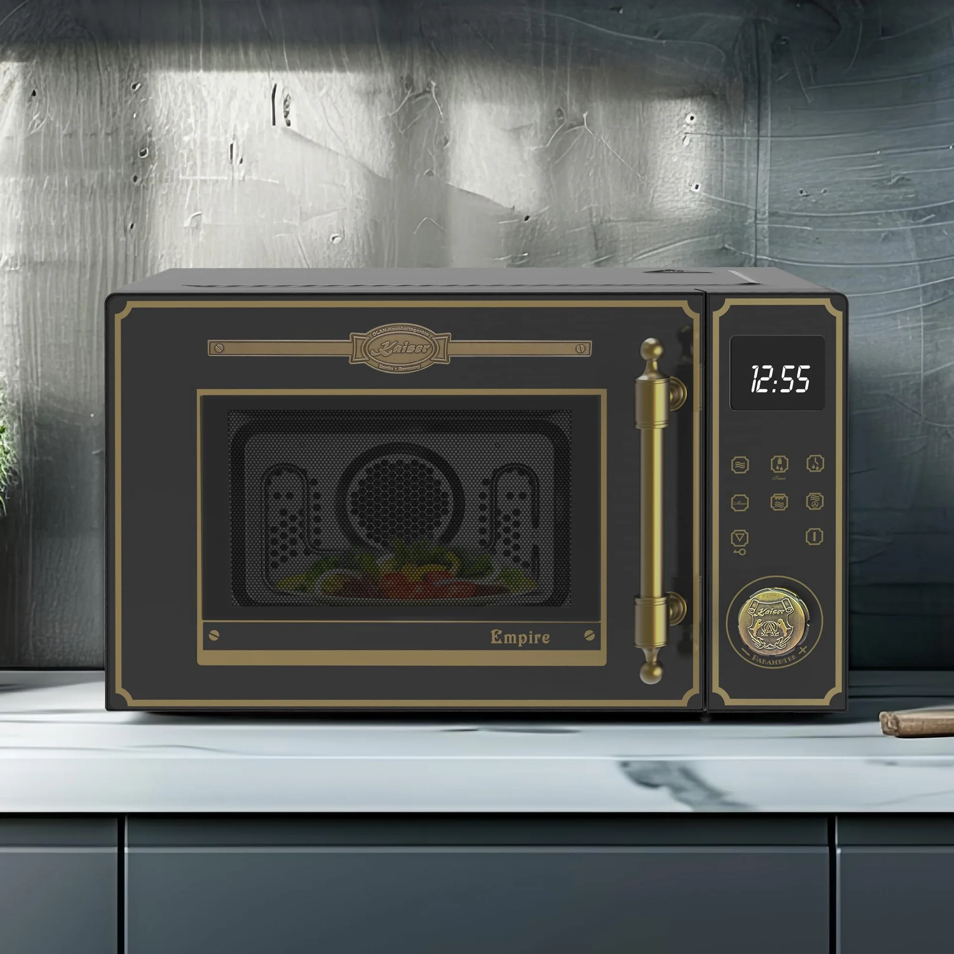 Kaiser Empire M 2530 Em Retro Mikrowelle in Schwarz | 25L | 1200W Grill | 2200W Heißluft | FullTouch-Bedienung mit Drehknebel | Glasfront | Türgriff aus echtem Metall Bronze | 25 Funktionen