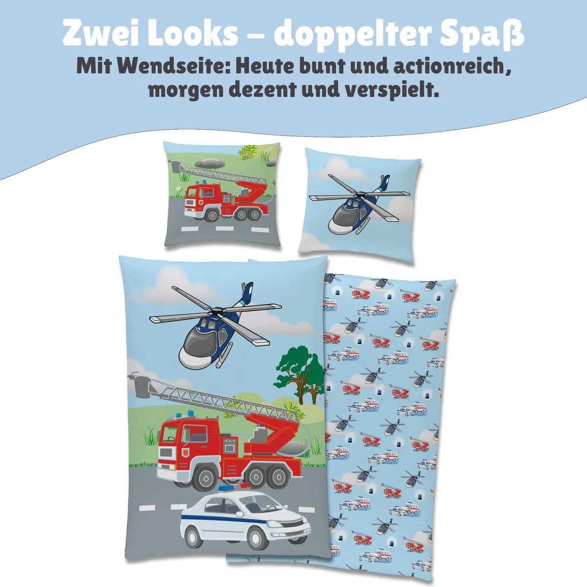 Familando – Polizei & Feuerwehr Bettwäsche-Set (2-teilig) – Decken- & Kissenbezug 135x200 cm & 80x80 cm mit Reißverschluss – 100% Baumwolle – Wendemotiv – Hautfreundlich & atmungsaktiv - Öko-TEX