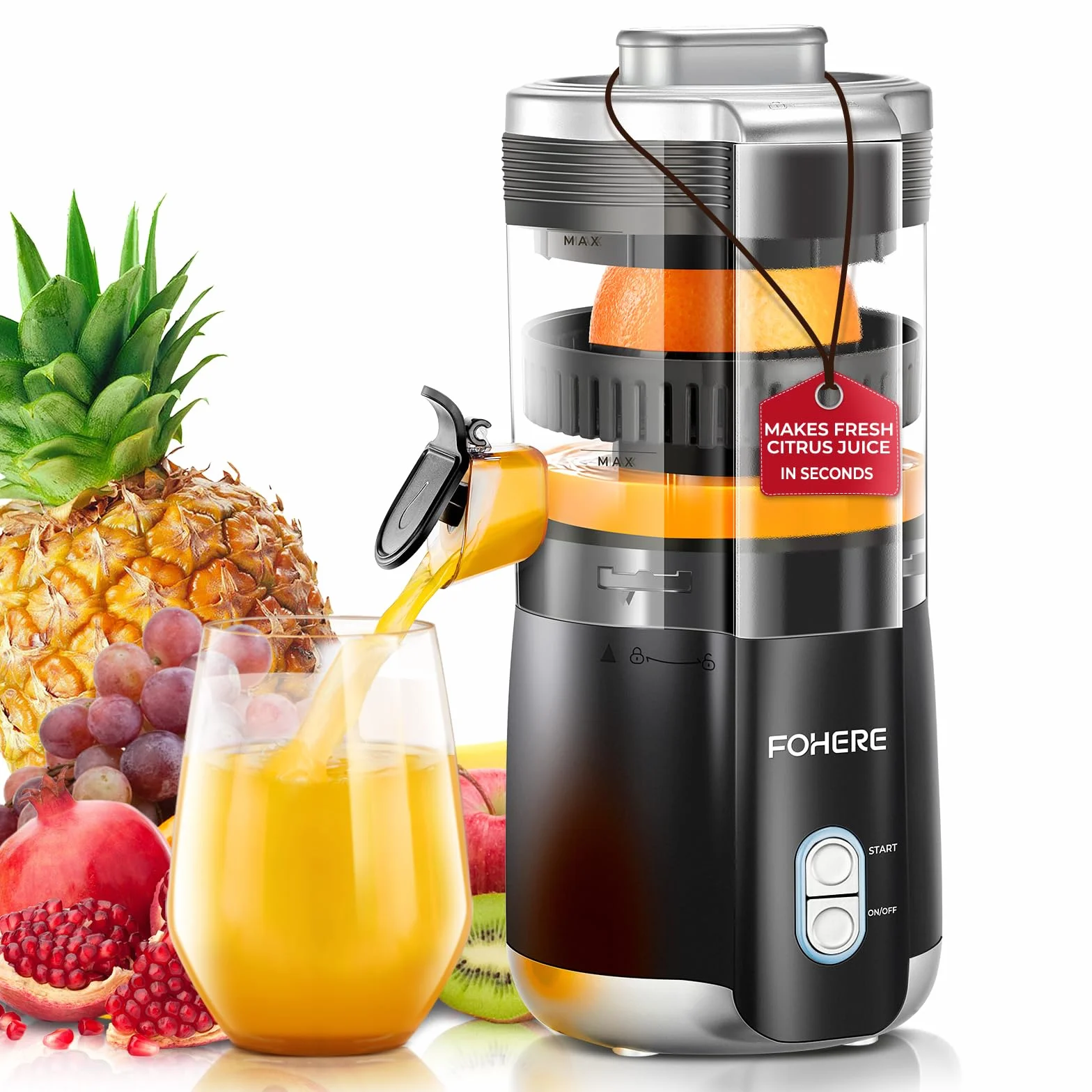 FOHERE Zitruspresse Elektrisch, Automatische Saftpresse Elektrisch Orangenpresse Mit 100 W Leiser Motor, BPA-frei, 2 Presskegeln für Zitrone,Apfel,Trauben und Granatäpfel, Schwarz