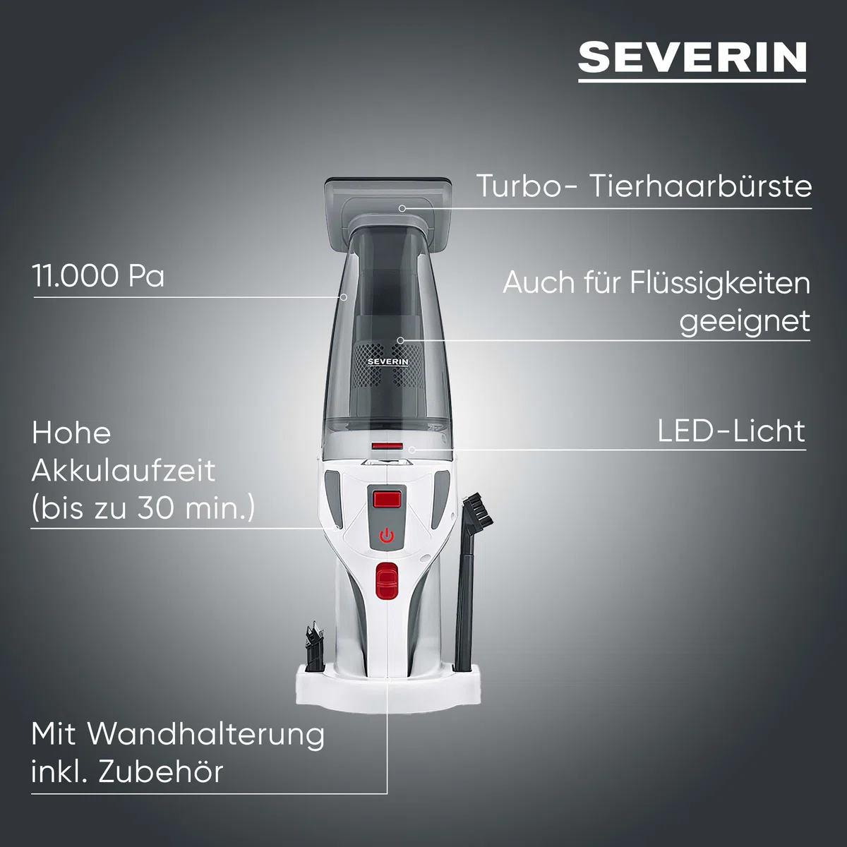 Severin 4-in-1 Akku-Handstaubsauger, kabelloser Nass- & Trockensauger für Autositze, Handsauger für Tierhaare & Flüssigkeiten, bis zu 30 Min Laufzeit im Eco-Mode, weiß-graurot, HV 7146