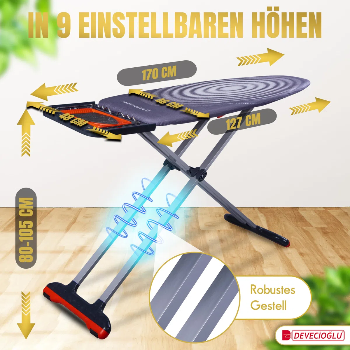 DEVECIOĞLU Bügelbrett 127x46cm - XL Bügeltisch für Dampfbügelstation, Bügelbrett Groß, klappbarer Bügeltisch, höhenverstellbar, Ironing Board, (MM123)