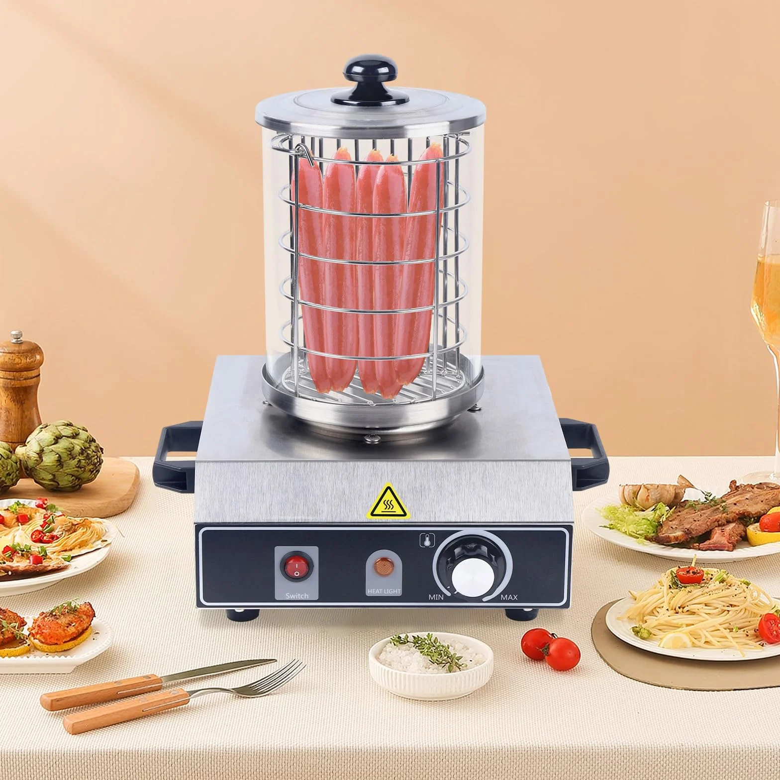 350W Würstchenwärmer, Hot Dog Gerät mit 30-85℃ Einstellbarer Temperatur, Edelstahl Wurstkocher für Bäckereien, Cafés, Partys