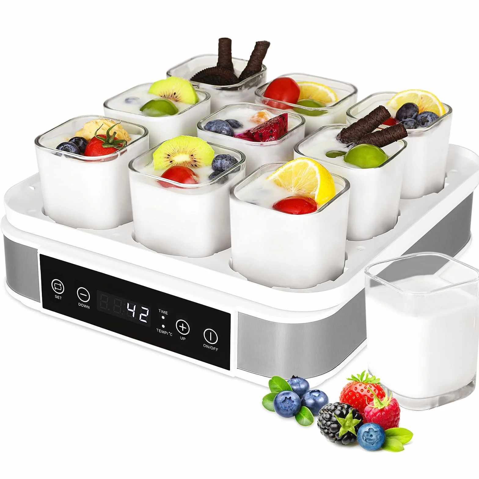 Joghurtbereiter, Griechischer Joghurtmaschine mit Temperatur- und Timer, Automatischer Digitaler Joghurt Maker mit 9 Gläsern, Perfekt für den Heim-Bio-Joghurt, Käse-/Natto-Zubereiter, BPA-frei, 40 W
