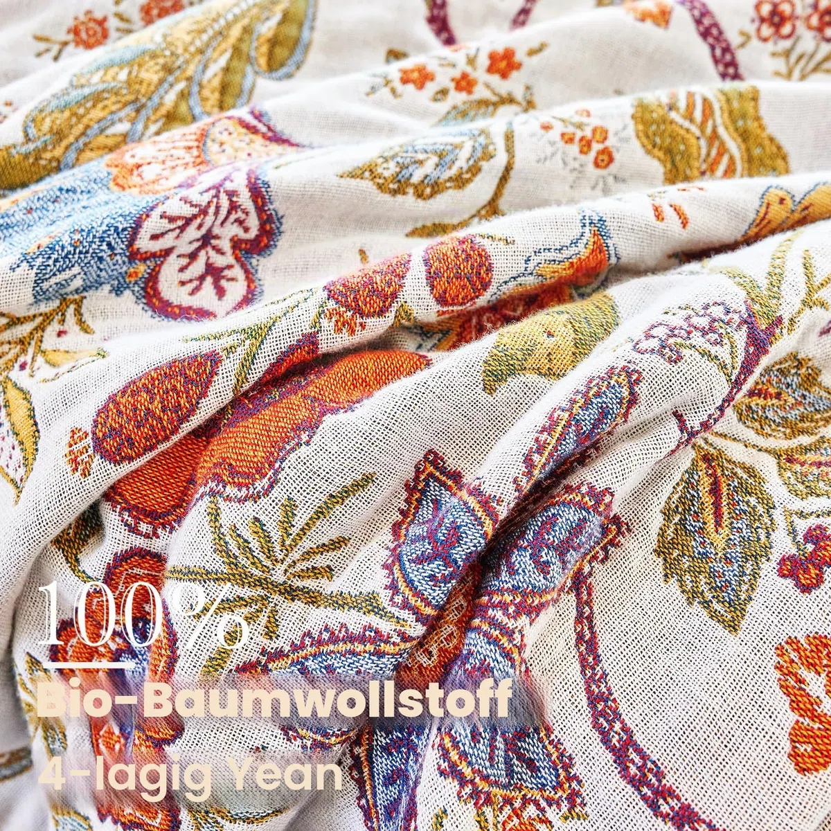 VANJOROY Sofaüberwurf aus 100 % Bio-Baumwolle, 150 x 200 cm, weich, hautfreundlich, doppelseitig, Boho-Blumenmuster, Beige, Überwurf für 2- und 3-Sitzer, Sessel, Couch und Tagesdecke.