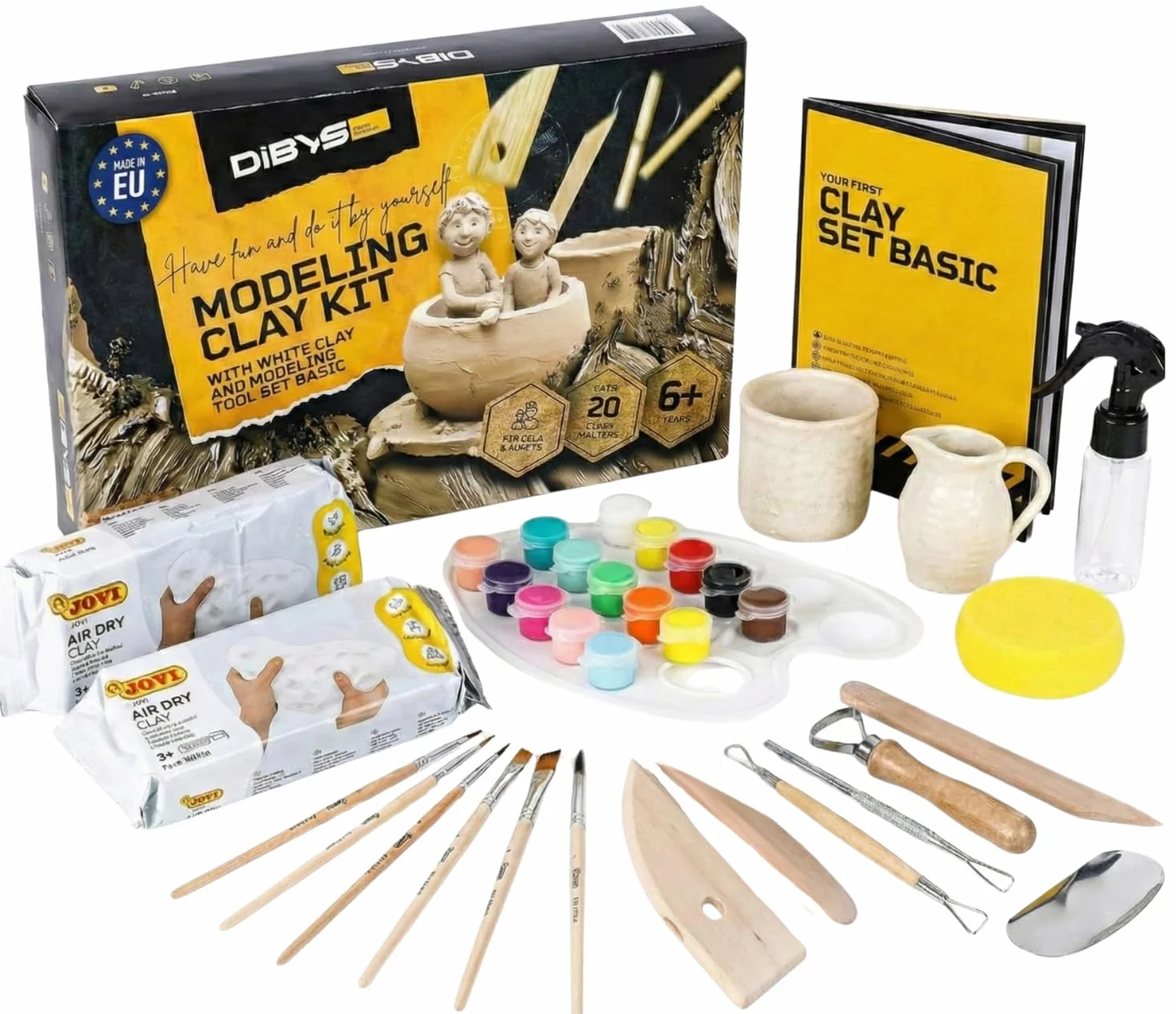 DIBYS Töpfer-Set für Zuhause | Starter mit Modellier-Werkzeug, lufttrocknendem weißen Ton, Farben & Pinsel | DIY-Töpfern für Erwachsene | Kreatives Hobby | Geschenkideen