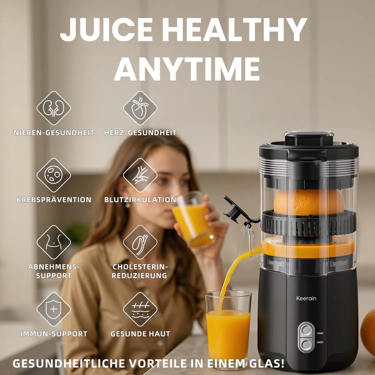 Keerain Elektrische Zitruspresse, Automatische Orangenpresse Mit Reinigungsbürste, Kompakte Zitronenpresse Für Lemon & Lime